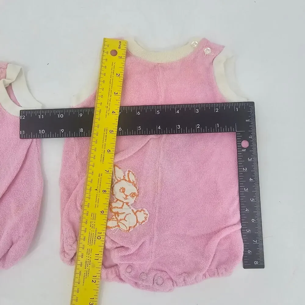 Vintage 70's Pastel Pink & Bunny Terry Cloth Bubbler Romper Twin Girls 9 mo 4029